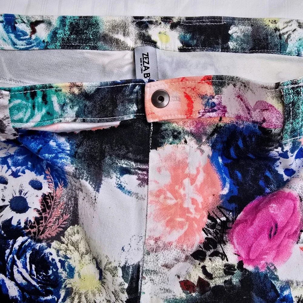 Zeza B Floral Womens Print Mid Rise Pants XL Multi Color Stretch‎ Cotton Blend